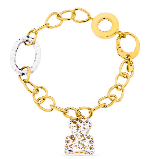 Pulsera Bicolor Eslabones y Oso 18K