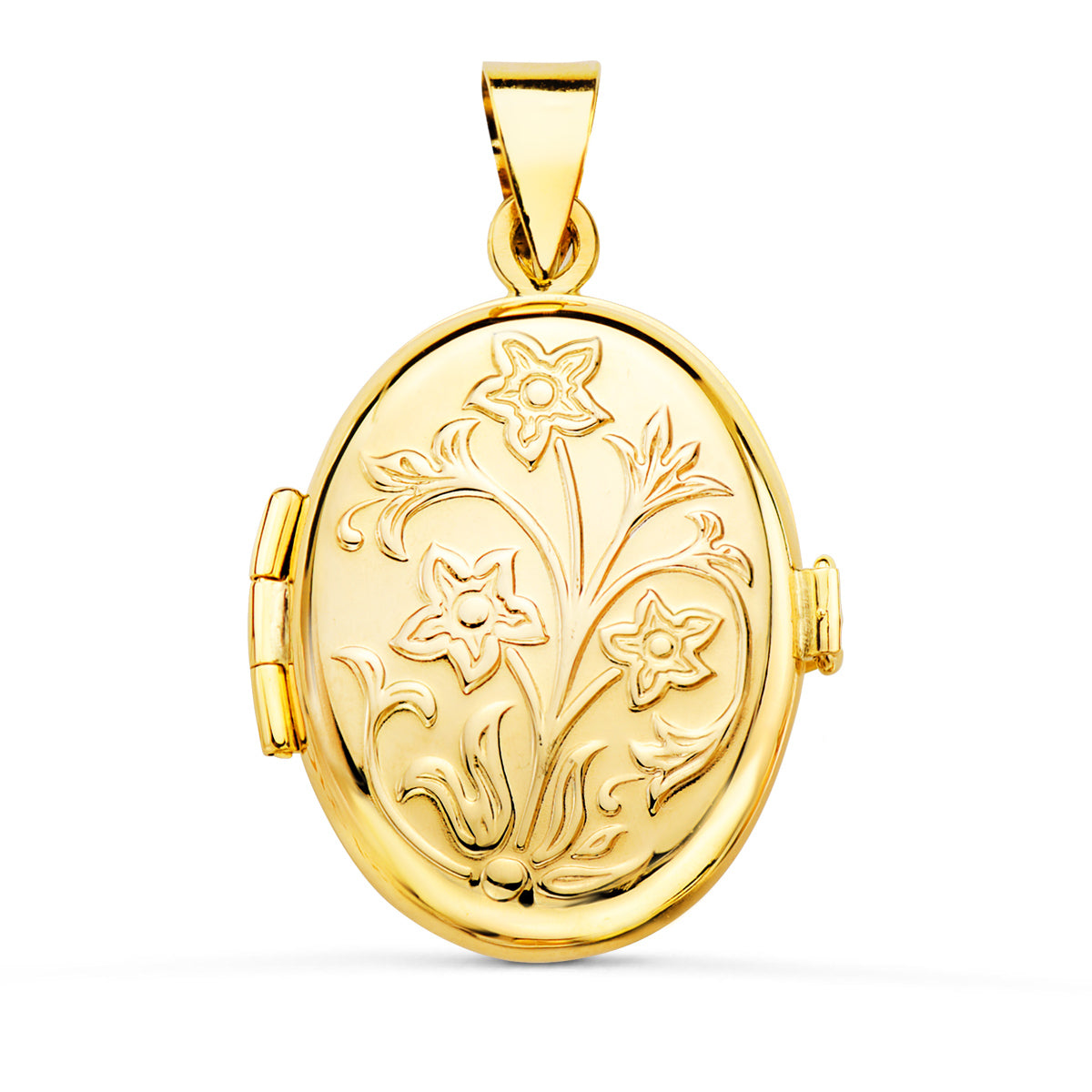 Guardapelo Dije Portafotos Oval Labrado. 26 x 21 mm de oro amarillo 18K