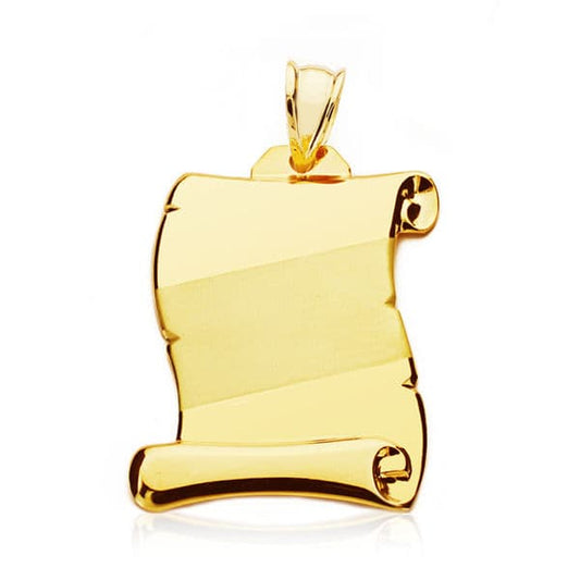 18K PLACA CHAPA COLGANTE PERGAMINO ORO AMARILLO LISO BRILLO 26X23 MM