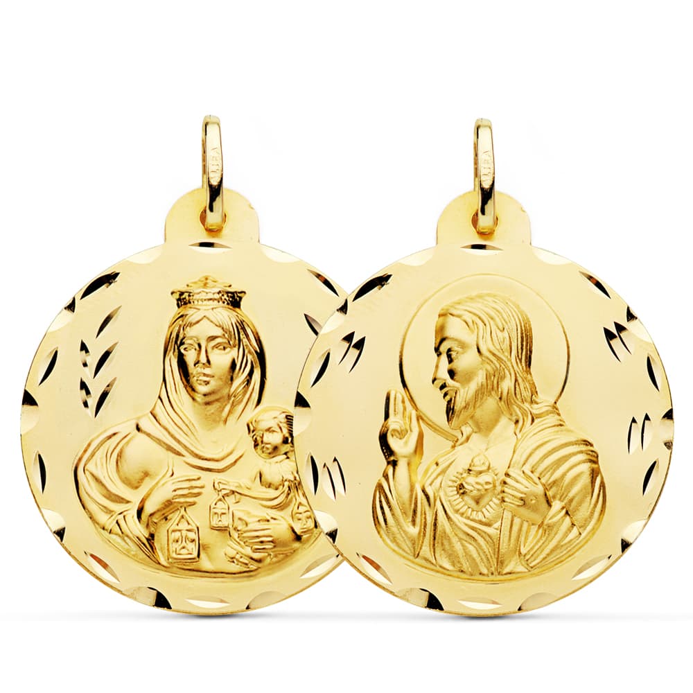 18K ESCAPULARIO ORO AMARILLO TALLADO VIRGEN DEL CARMEN CORAZON DE JESUS 30 MM