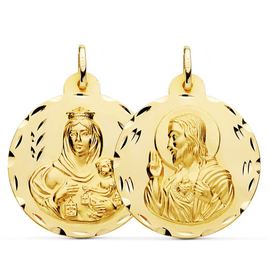 Escapulario Tallado Virgen del Carmen Corazon de Jesus 30 mm de oro amarillo 18K