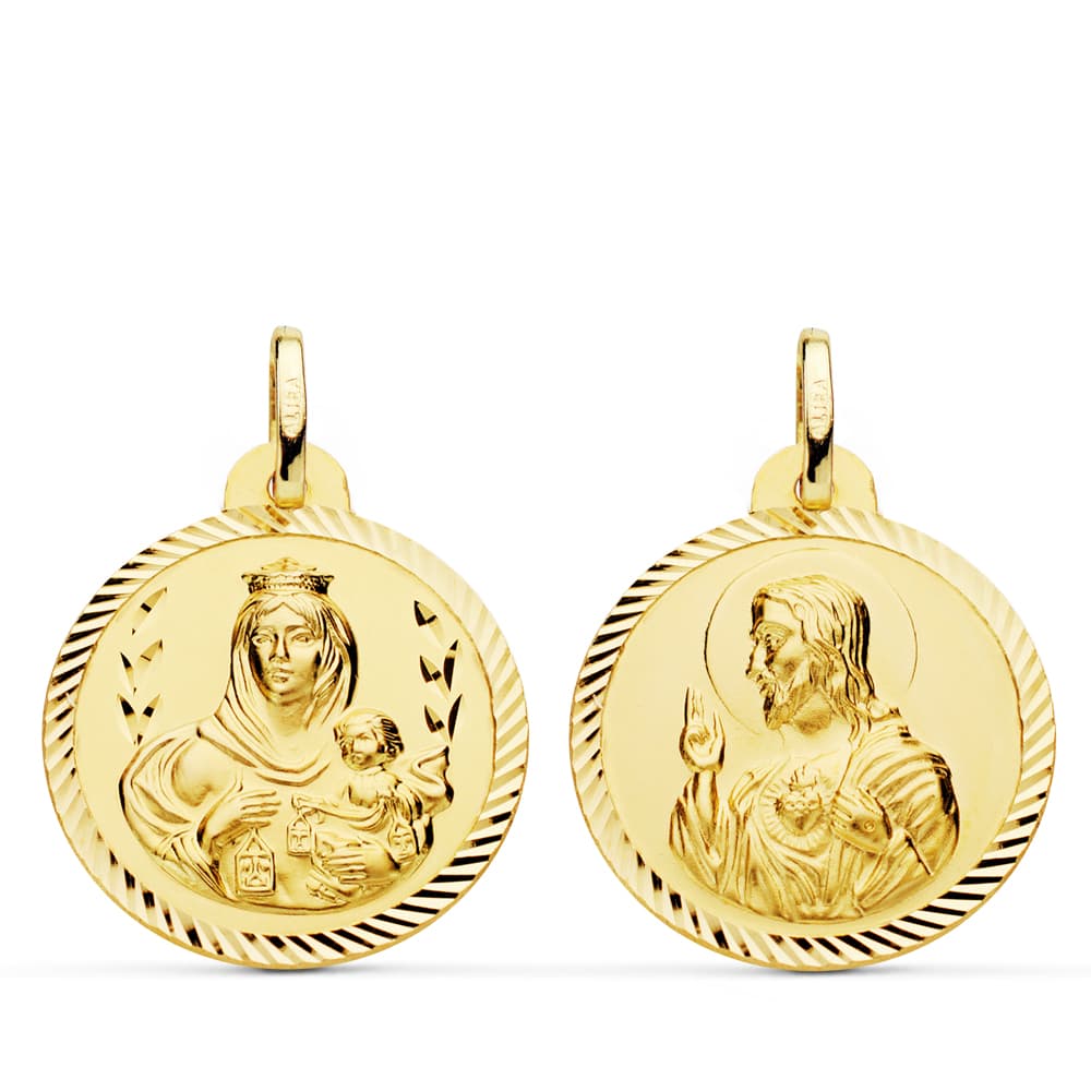 Escapulario Helice Virgen del Carmen y Corazon de Jesus. 22 mm de oro amarillo 18K