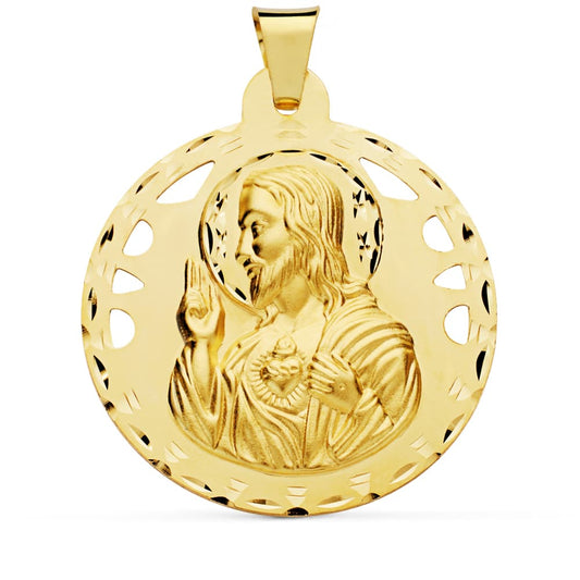 Medalla Cristo Sagrado Corazon de Jesus Calado y Tallado 42 mm de oro amarillo 18K