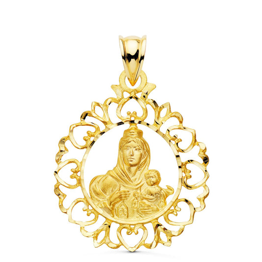 Medalla Virgen del Carmen Cerco Orla con Corazones 30 x 25 mm de oro amarillo 18K