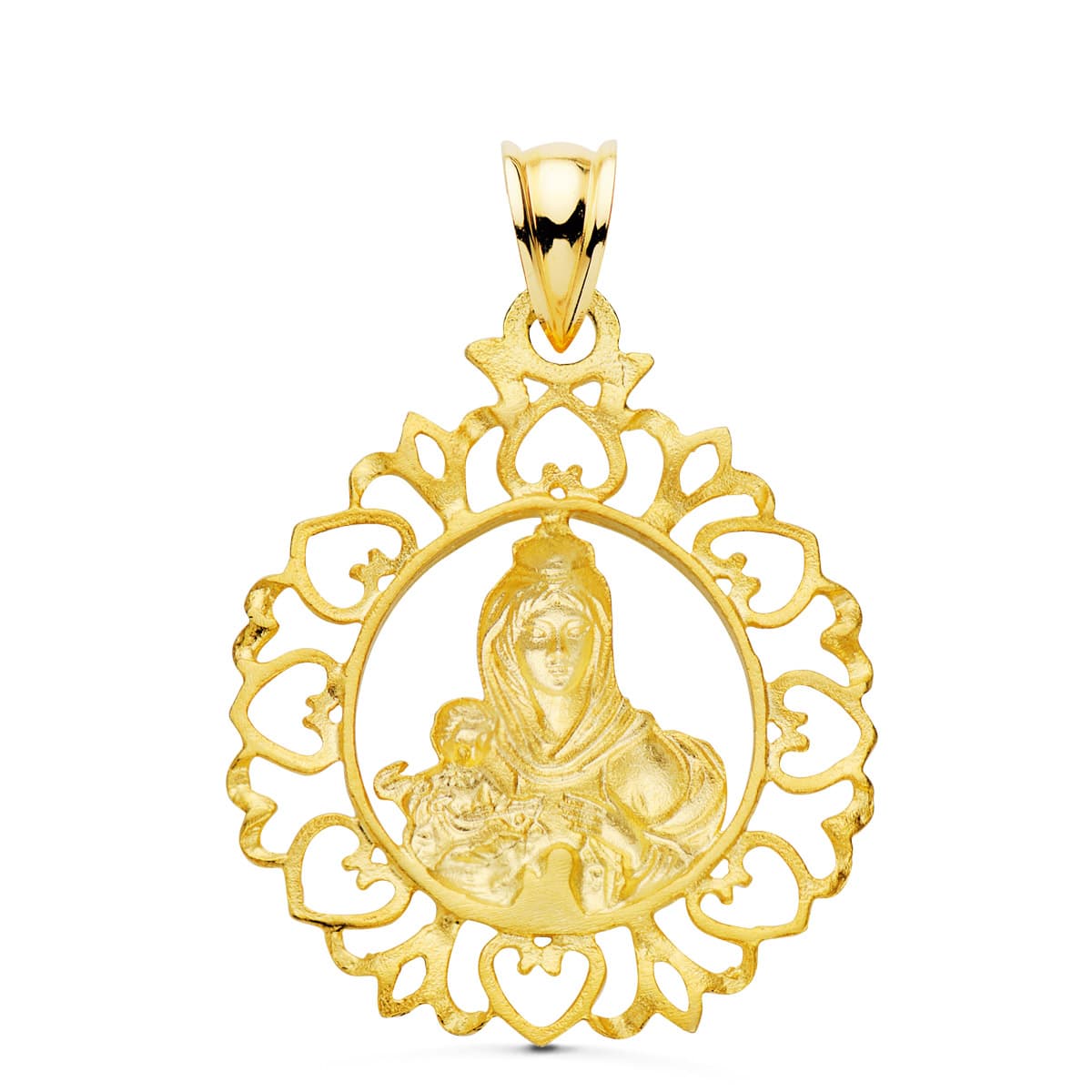 18K MEDALLA ORO AMARILLO VIRGEN DEL CARMEN CERCO ORLA CON CORAZONES 30X25 MM