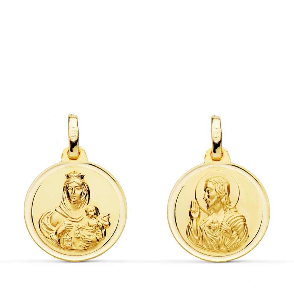 Escapulario Bisel Virgen del Carmen Corazon de Jesus 16 mm de oro amarillo 18K