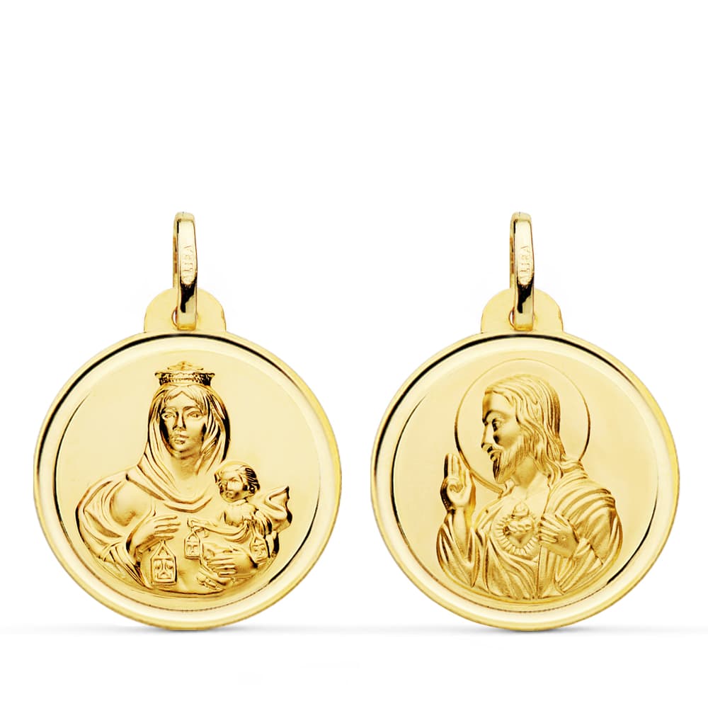 Escapulario Bisel Virgen del Carmen Corazon de Jesus 22 mm de oro amarillo 18K