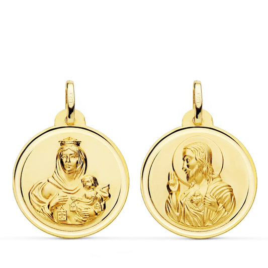 Escapulario Bisel Virgen del Carmen Corazon de Jesus 22 mm de oro amarillo 18K