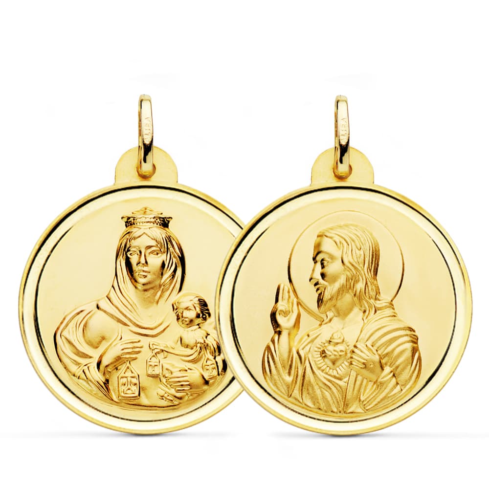 18K ESCAPULARIO ORO AMARILLO BISEL ORO AMARILLO VIRGEN CARMEN Y CORAZON DE JESUS 28 MM