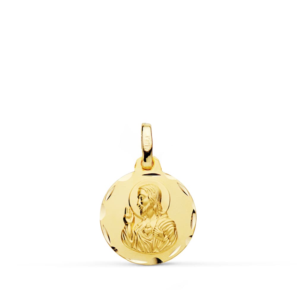 Medalla Cristo Sagrado Corazon de Jesus Tallada 14 mm de oro amarillo 18K