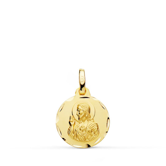 Medalla Cristo Sagrado Corazon de Jesus Tallada 14 mm de oro amarillo 18K
