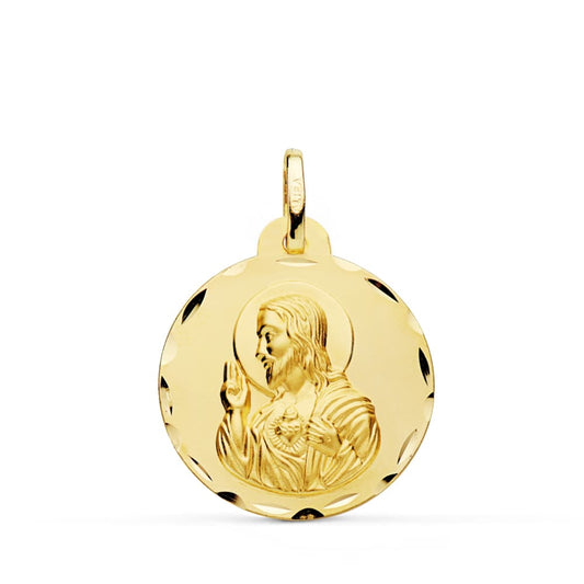 Medalla Cristo Sagrado Corazon de Jesus Tallada 22 mm de oro amarillo 18K