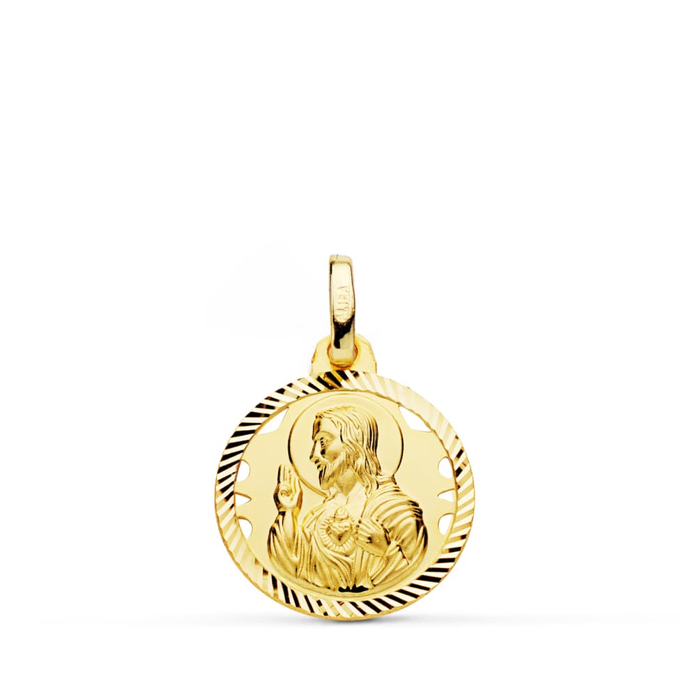 Medalla Cristo Sagrado Corazon de Jesus Helice Calada 16 mm de oro amarillo 18K