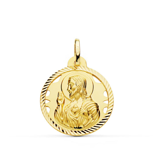 Medalla Cristo Sagrado Corazon de Jesus Helice Calada 22 mm de oro amarillo 18K