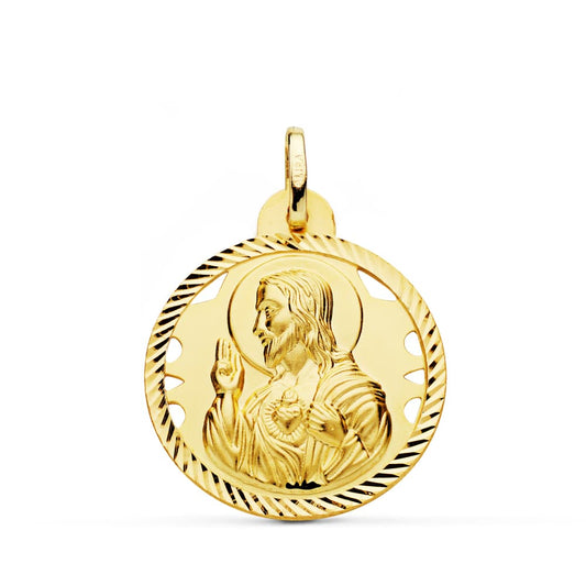 Medalla Cristo Sagrado Corazon de Jesus Helice Calada 24 mm de oro amarillo 18K
