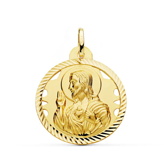 Medalla Cristo Sagrado Corazon de Jesus Helice Calada 26 mm de oro amarillo 18K