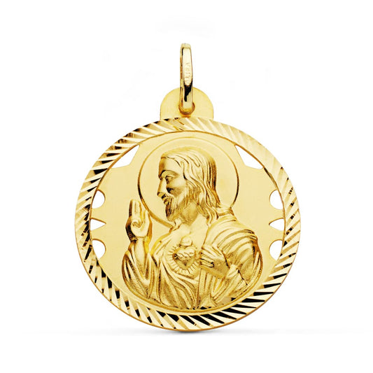 Medalla Cristo Sagrado Corazon de Jesus Calado Cerco Helice Tallado 28 mm de oro amarillo 18K