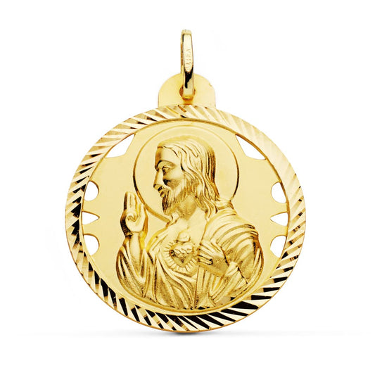 Medalla Cristo Sagrado Corazon de Jesus Calado Cerco Helice Tallado 30 mm de oro amarillo 18K