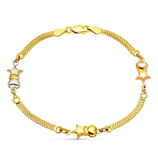 Pulsera Tricolor Estrellas y Corazones 18K