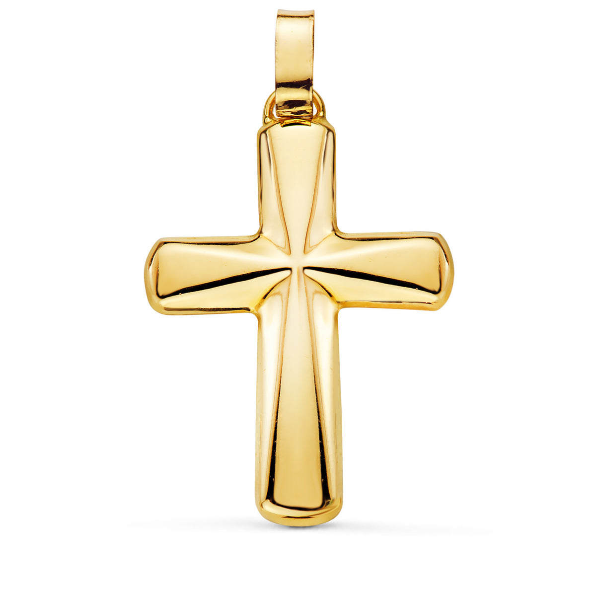 Cruz Hueca en Brillo. Palo Rectangular: 7 x 2,5 mm. Medida: 38 x 26 mm de oro amarillo 18K