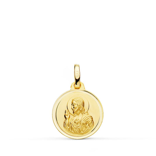 Medalla Cristo Sagrado Corazon de Jesus Bisel 14 mm de oro amarillo 18K