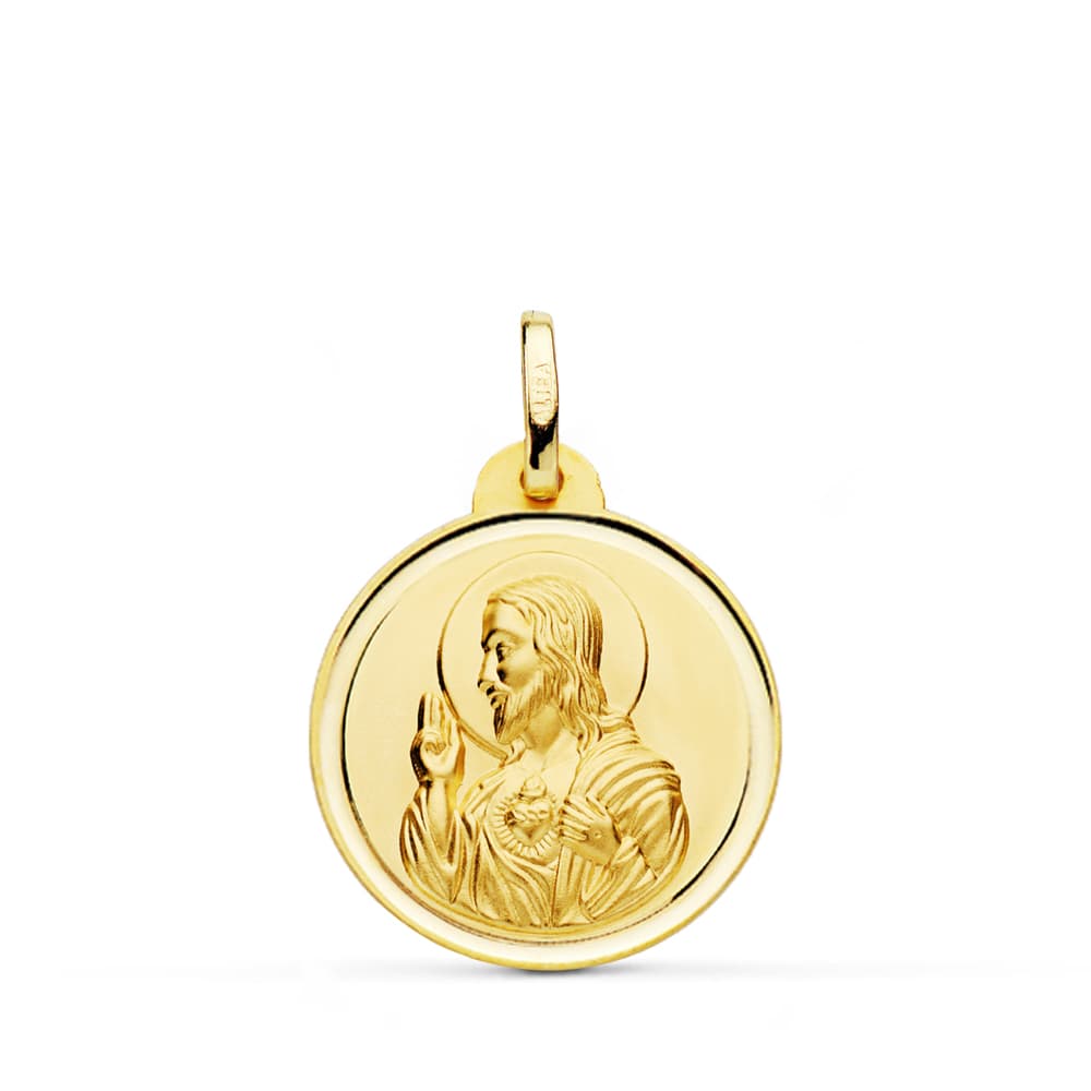 Medalla Cristo Sagrado Corazon de Jesus Bisel 20 mm de oro amarillo 18K