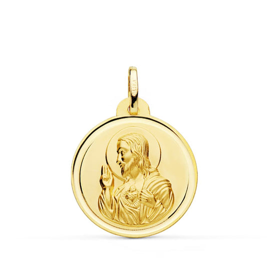 Medalla Cristo Sagrado Corazon de Jesus Bisel 22 mm de oro amarillo 18K