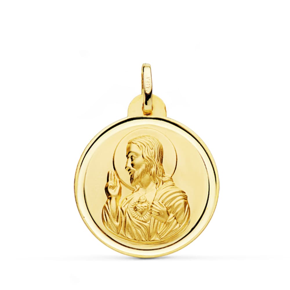 Medalla Cristo Sagrado Corazon de Jesus Bisel 24 mm de oro amarillo 18K