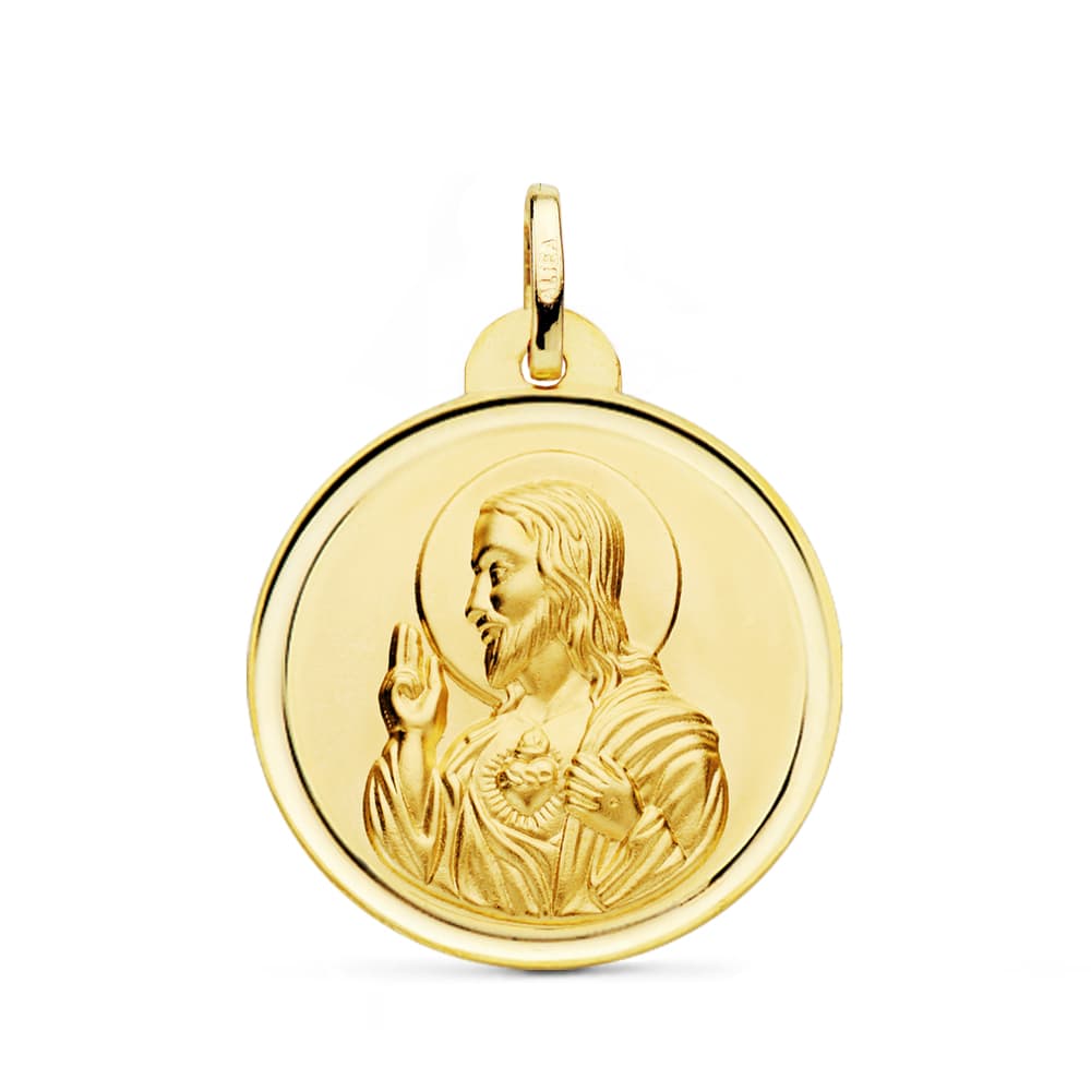 Medalla Cristo Sagrado Corazon de Jesus Bisel 26 mm de oro amarillo 18K
