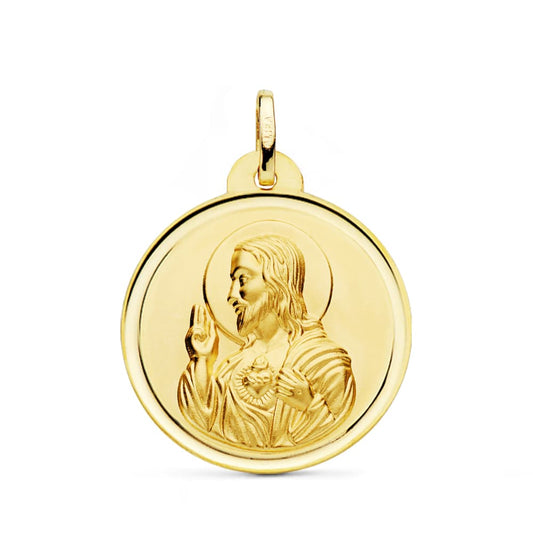 Medalla Cristo Sagrado Corazon de Jesus Bisel 26 mm de oro amarillo 18K