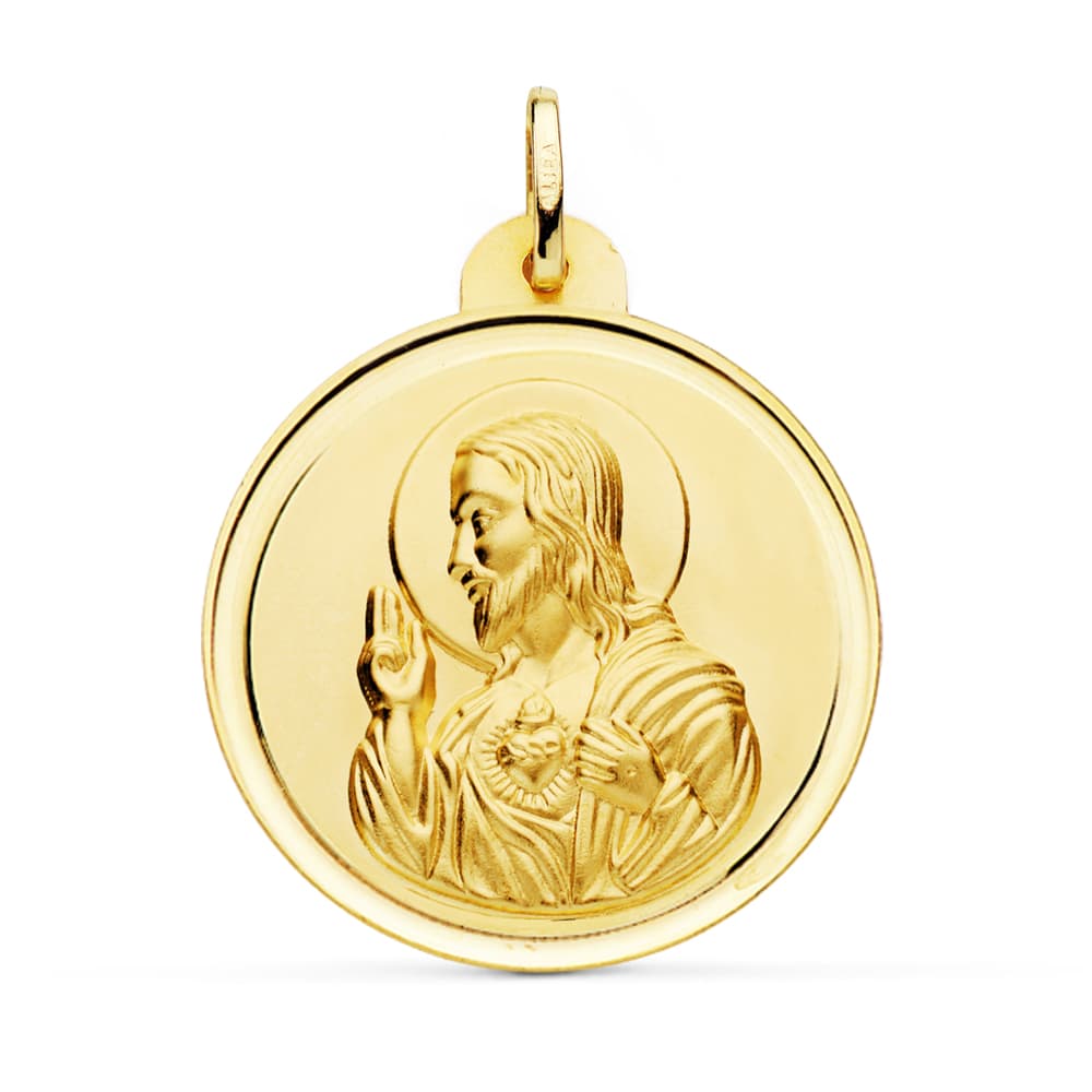 Medalla Cristo Sagrado Corazon de Jesus Bisel 30 mm de oro amarillo 18K
