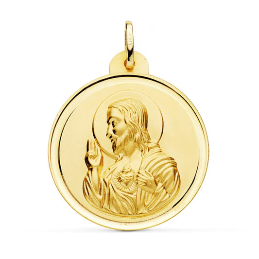 Medalla Cristo Sagrado Corazon de Jesus Bisel 30 mm de oro amarillo 18K