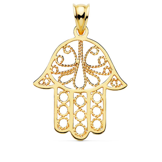 18K COLGANTE AMULETO ORO AMARILLO MANO FATIMA CALADA. MEDIDA: 32 X 29 MM