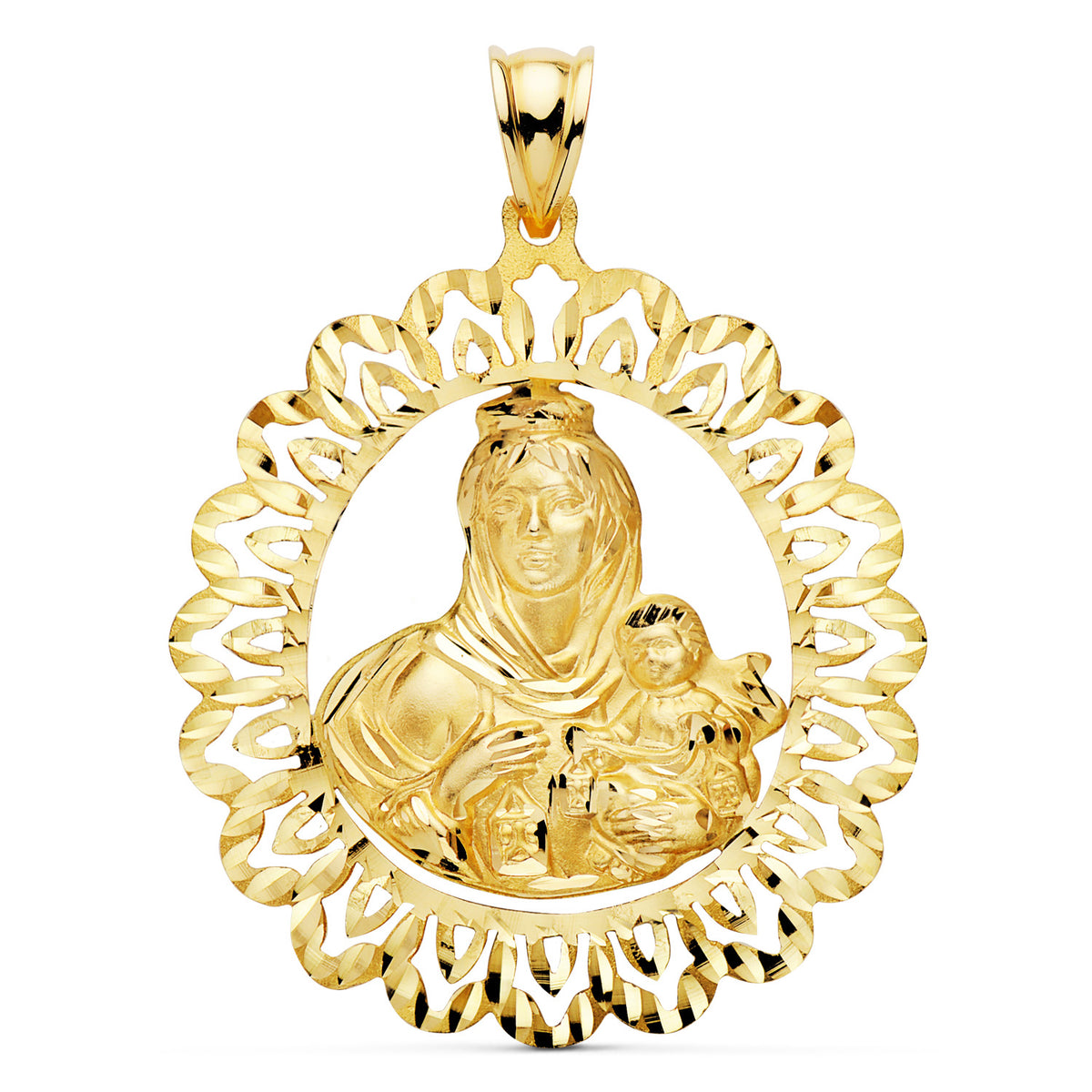 Medalla Virgen del Carmen Cerco Tallado 41 x 35 mm de oro amarillo 18K