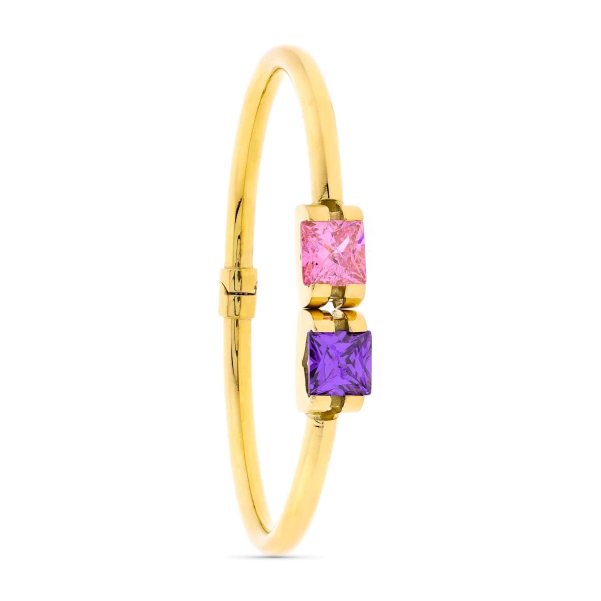 Pulsera Rigida 2 Piedras Color Amatista y Ros de Francia de oro amarillo 18K