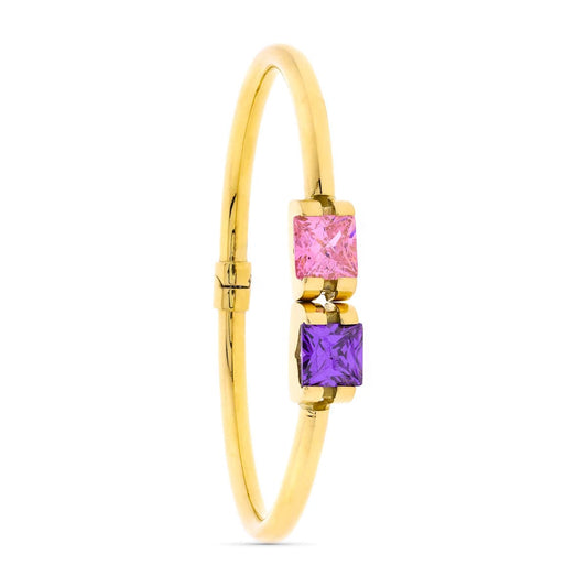 Pulsera Rigida 2 Piedras Color Amatista y Ros de Francia de oro amarillo 18K