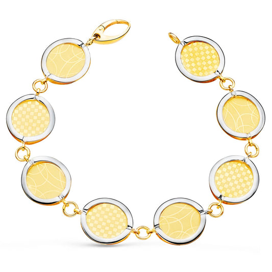 Pulsera Bicolor Eslabones Redondos Diseños Matizados. 20,5 cm 18K