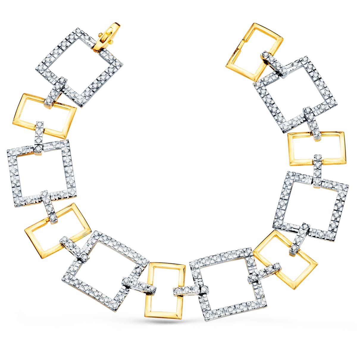 Pulsera Bicolor Eslabones Cuadrados y Motivos con Circonita 20 cm 18K