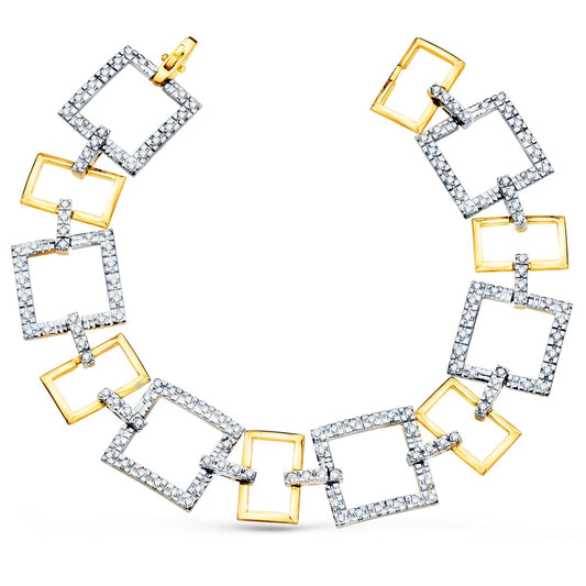 Pulsera Bicolor Eslabones Cuadrados y Motivos con Circonita 20 cm 18K