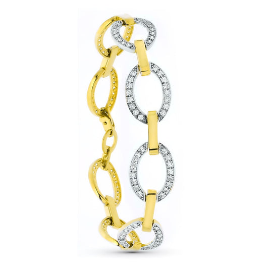 18K PULSERA ORO BICOLOR ESLABONES CIRCULOS Y CIRCONITAS
