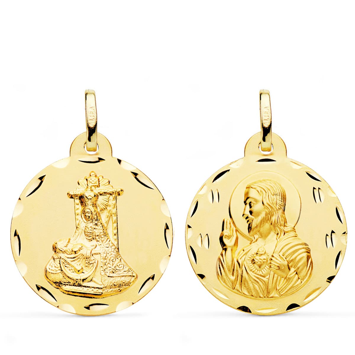 Medalla Escapulario Virgen de Las Angustias y Corazon de Jesus Tallada 24 mm de oro amarillo 18K