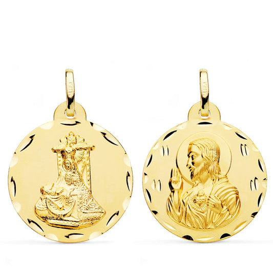 Medalla Escapulario Virgen de Las Angustias y Corazon de Jesus Tallada 24 mm de oro amarillo 18K