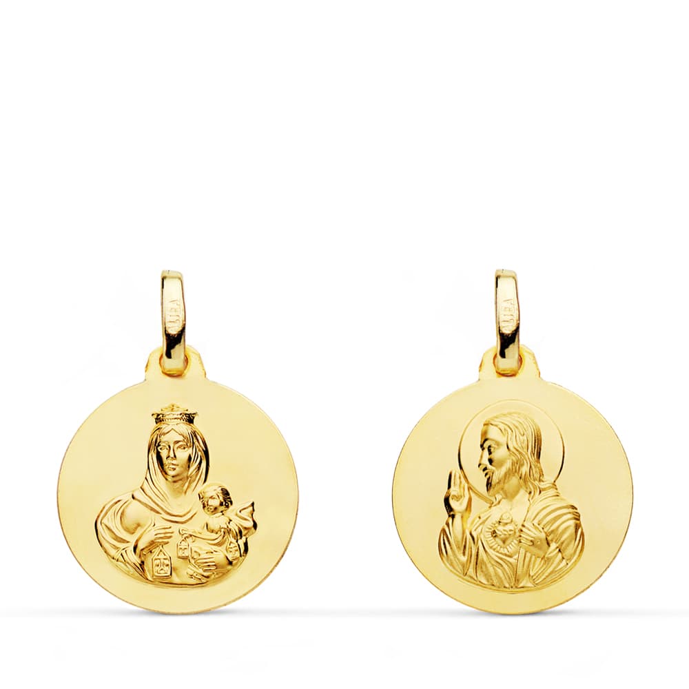 18K ESCAPULARIO ORO AMARILLO LISO VIRGEN DEL CARMEN CORAZON DE JESUS 16 MM