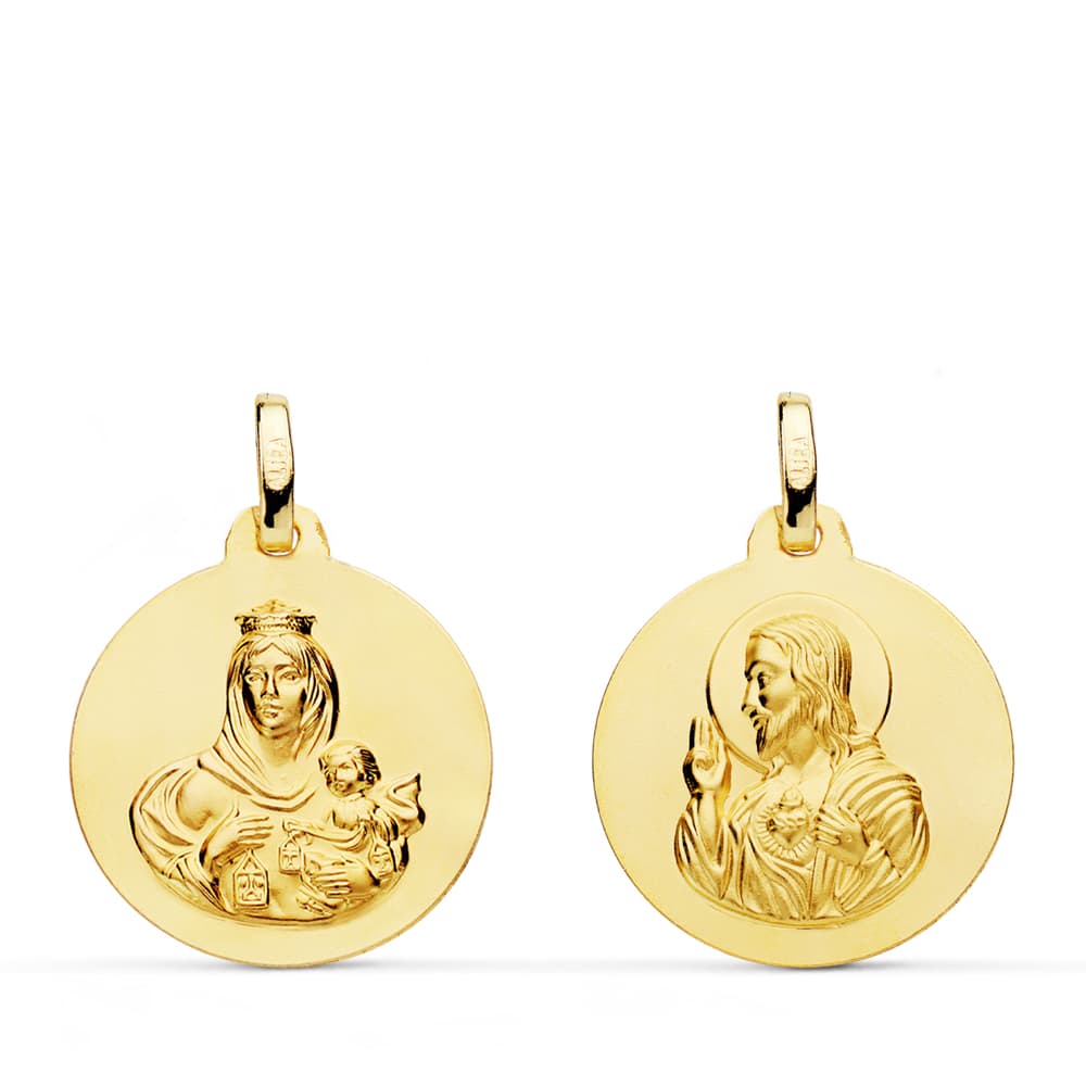 Escapulario Liso Virgen del Carmen Corazon de Jesus 18 mm de oro amarillo 18K