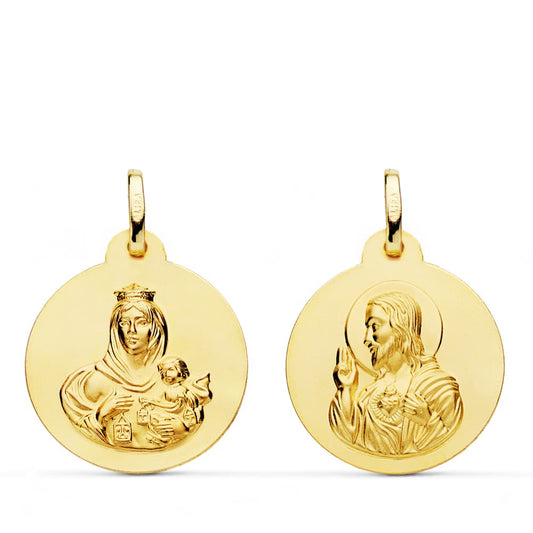 18K ESCAPULARIO ORO AMARILLO LISO VIRGEN DEL CARMEN CORAZON DE JESUS 20 MM