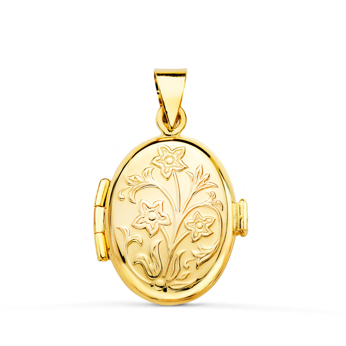 Guardapelo Dije Portafotos Oval Labrado. 18 x 14 mm de oro amarillo 18K