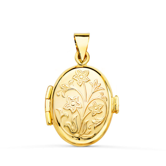 Guardapelo Dije Portafotos Oval Labrado. 18 x 14 mm de oro amarillo 18K