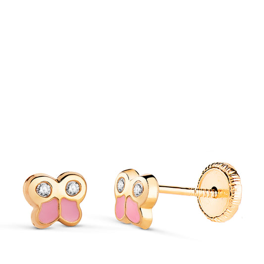 Pendientes Mariposa Esmalte 5 x 4,5 mm. Cierre Tuerca de oro amarillo 18K