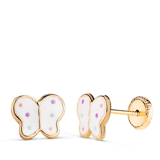 Pendientes Mariposas Esmalte Blanco. Medida: 8 x 6,5 mm.cierre Tuerca de oro amarillo 18K