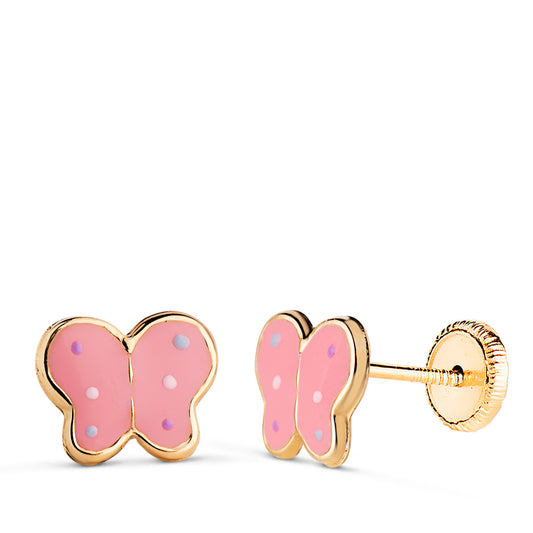 Pendientes Mariposas Esmalte Rosa. Medida: 8 x 6,5 mm. Cierre Tuerca de oro amarillo 18K